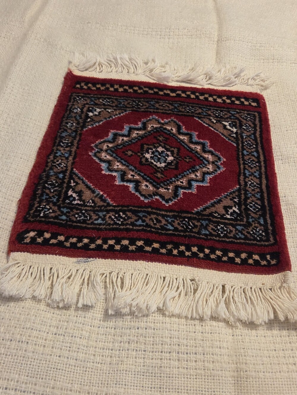 Small Wool Rug Hand Knit Persian Style 1 Square Foot Red White Fringe Bokhara - Picture 6 of 10